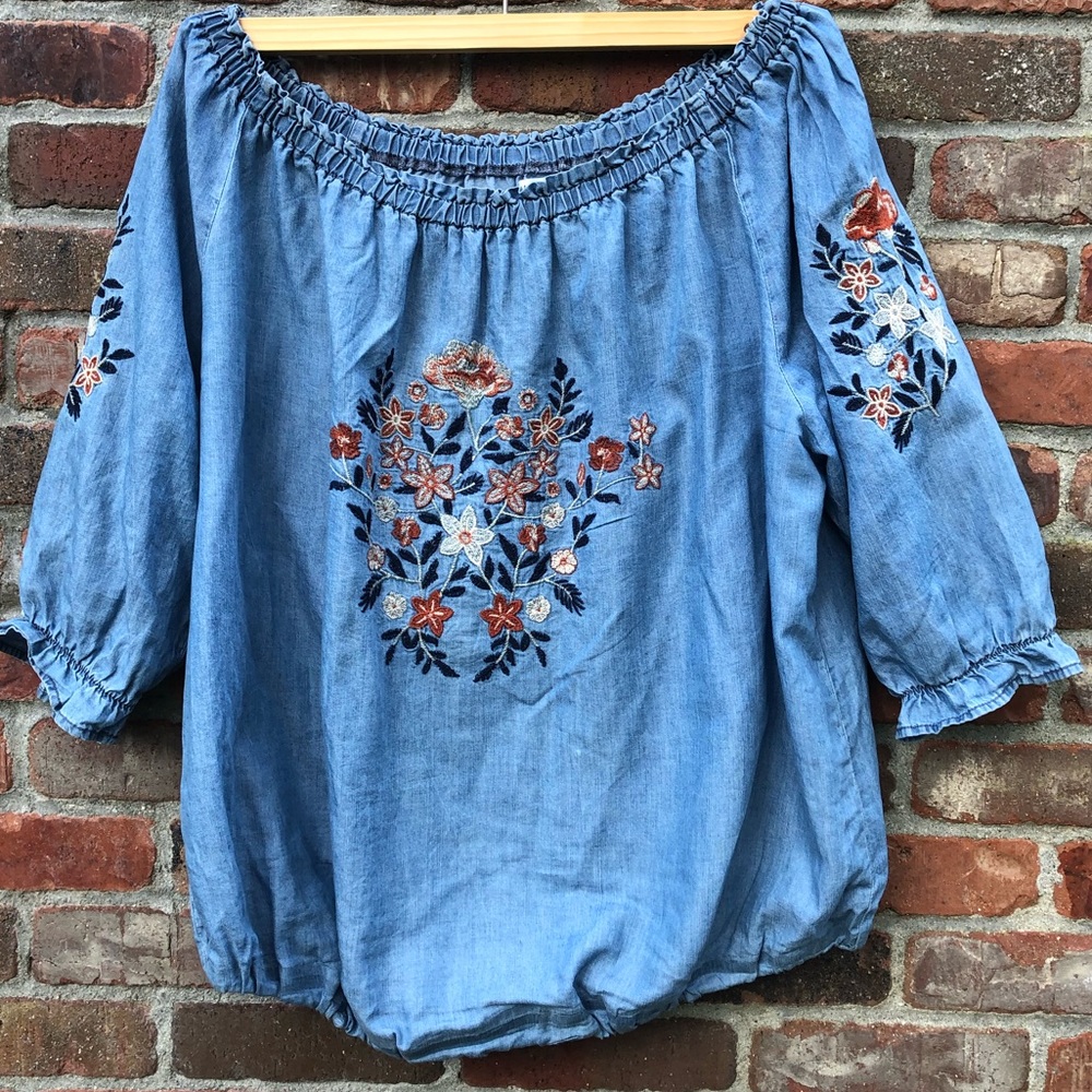 🦋 Westport Denim Embroidered Boho Top XXL